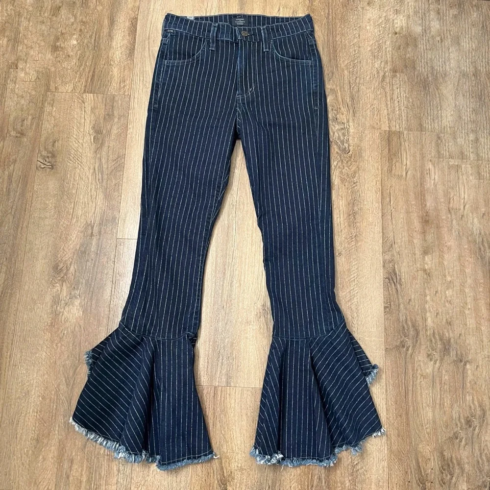 Citizen Of Humanity Drew Flounce High Rise Jeans Blue Pinstripe‎ Flare Size 24
